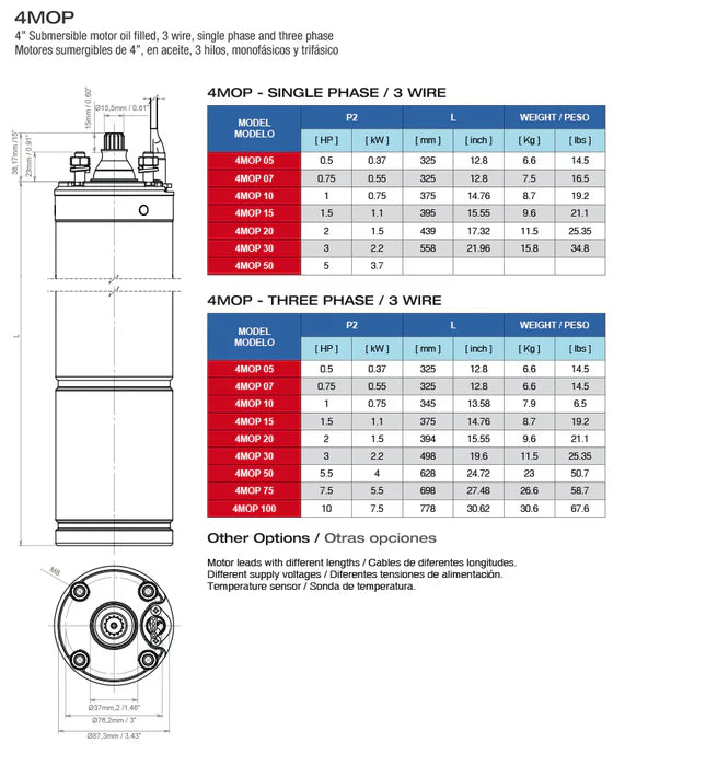Motor Sumergible 4" Monofásico de 0.5 a 5 Hp , Pearl