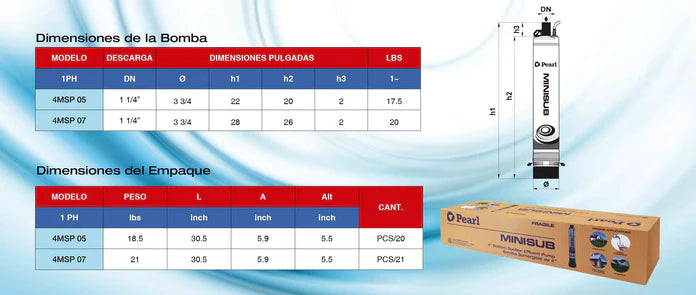 Bomba de Agua Sumergible Tipo Lapicero MINISUB de 0.5 a 0.7 Hp, Pearl