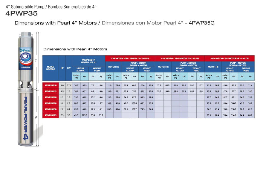 Bomba de Agua Sumergible Tipo Lápiz 4" de 48 GPM, Pearl