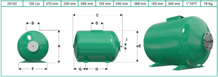 Tanque Hidroneumático Horizontal de 60 a 100 Lts, Barnes