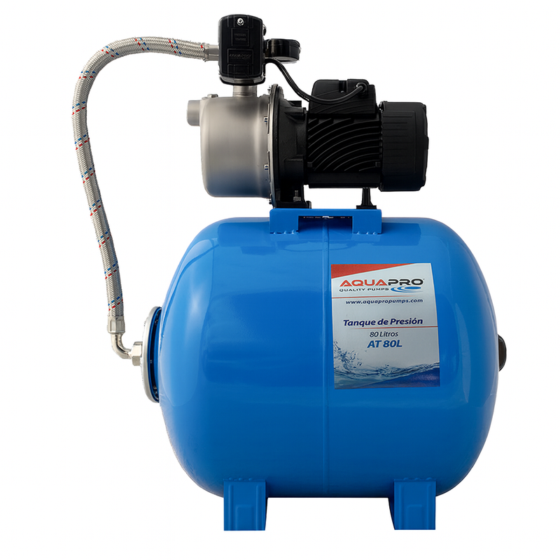 Equipo Hidroneumático con Bomba Jet Inox de 1 Hp y Tanque Hidroneumático de 80 Litros, Aquapro