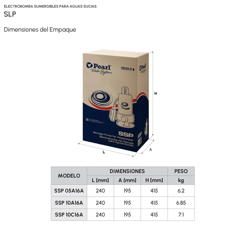 Bomba de Agua para Drenaje de Aguas Sucias en Acero Inoxidable Serie SSP de 0.5 a 1 Hp, Pearl